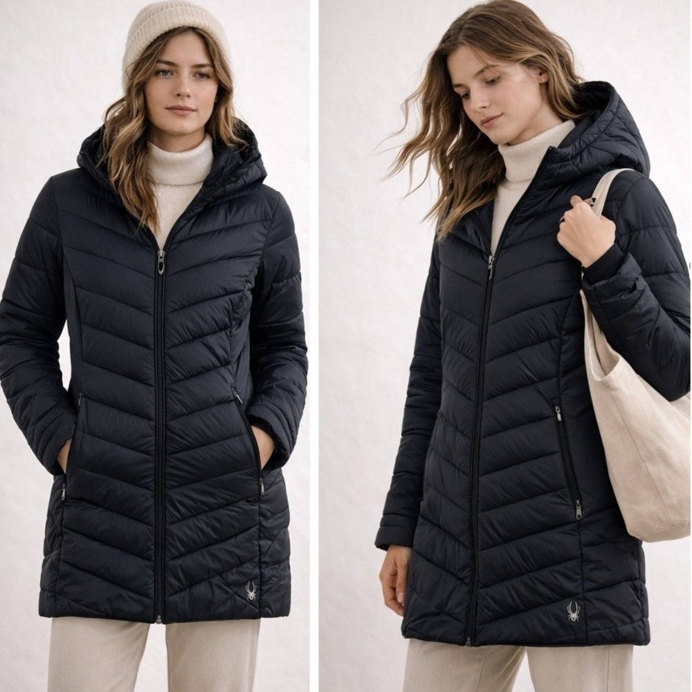 SPYDER Women Boundless Long Puffer Jacket Black Size S ThermaWeb Quilted Hooded